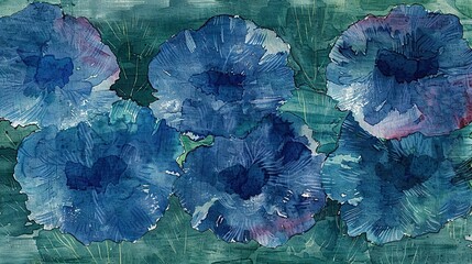   A watercolor painting of blue flowers on green paper with pink accents