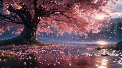 a cherry blossom tree in full bloom with petals falling gently,