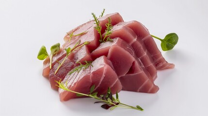 Tuna sashimi against a white backdrop