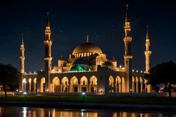 A mosque at night with the lights