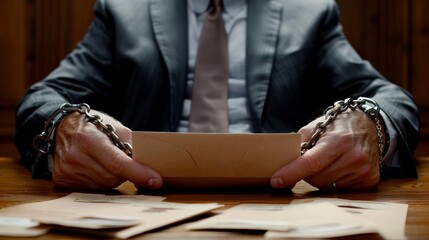 Businessman in handcuffs holds envelope, suggesting illicit dealings dramatic backdrop