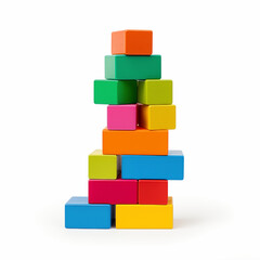 Fototapeta premium Colorful Stacking Blocks Arranged in a Tower Formation on a White Background