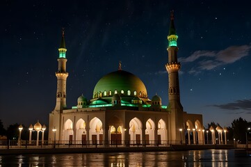 A mosque at night with the lights