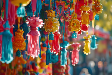 Naklejka premium Experience the lively display of vibrant traditional Spanish decorations during the festive Fiesta in Spain.