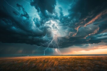A dramatic thunderstorm with lightning striking over an open field