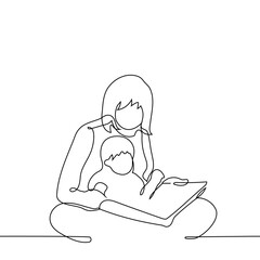 woman sitting with baby on the floor reading a book - one line art vector. concept mom and child spending time reading together