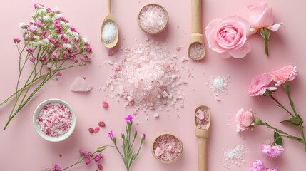 DIY organic skincare with rose sea salt and spa elements on pink background