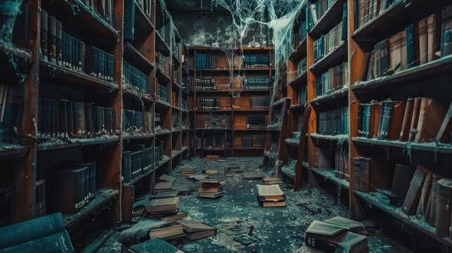 Abandoned library with cobwebs and scattered books. Concept of decay, lost knowledge, old books, forgotten places, haunted house, scary room, Halloween - Powered by Adobe