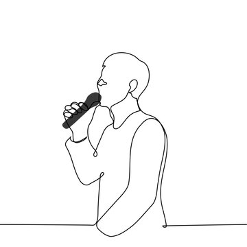 recommend clip art: man standing speaking into a microphone - one line art vector. concept speaker, presenter, singer