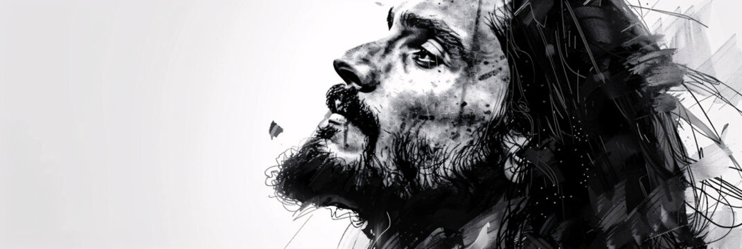 A classic black and white portrait illustration of Jesus Christ, depicting a timeless religious figure with spiritual significance.