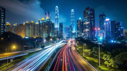 Obraz premium A modern city with connected devices and networks. This includes 5G, the Internet of Things, and smart city technology. The image is a composite of a drone's view and a mixed media backdrop.