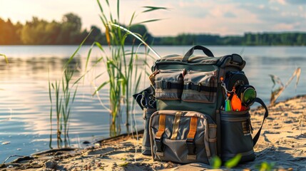 Fishing bag with various equipment on a lakeshore. Concept of outdoor gear, fishing supplies, angling, and travel