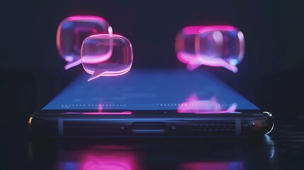 Neon Light Chat Bubble with Smartphone for Modern Futuristic Application Progress Technology Concept.  AI generated