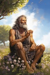 
Illustration, portrait close-up of a 55-year-old male caveman, sitting near a forest clearing, carving a piece of wood, with wildflowers and open sky in the background