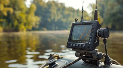 Fish finder on a boat in a serene lake during autumn. Concept of fishing, lake exploration, outdoor tech, seasonal activity