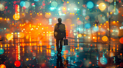 Fototapeta premium Lone Businessman in Vibrant Urban Night - Double Exposure Silhouette with City Lights