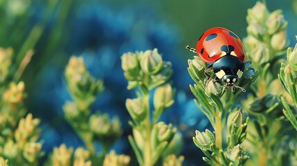   A woman bug perched atop a verdant plant surrounded by numerous blossoms beneath a cerulean sky