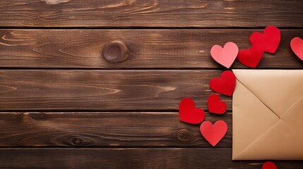 Envelope and many red hearts on a brown rustic wooden table, background texture, top view