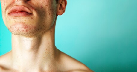 Obraz premium Close-up photo of a young man's chest with acne on a mint blue background