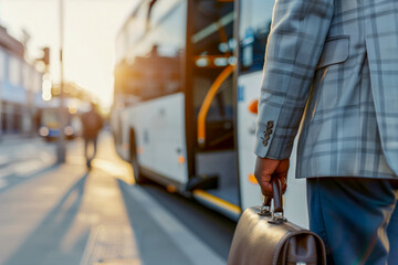 Businessman Boarding a Bus at Sunrise