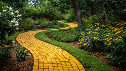 Obraz premium Circular yellow brick path in a serene garden, perfect for fantasy and adventure themes