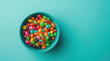 Colorful jelly beans on turquoise background in a bowl flat lay Room for text
