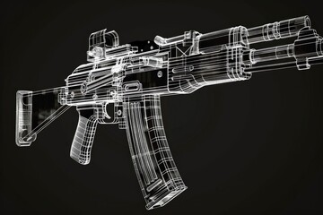 A close-up shot of a machine gun lying on a black surface, suitable for use in scenes about war, conflict or military themes