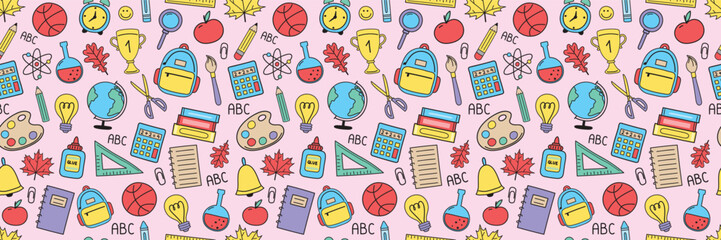 Cute school background with cartoon icons. Seamless pattern. Banner. Vector illustration