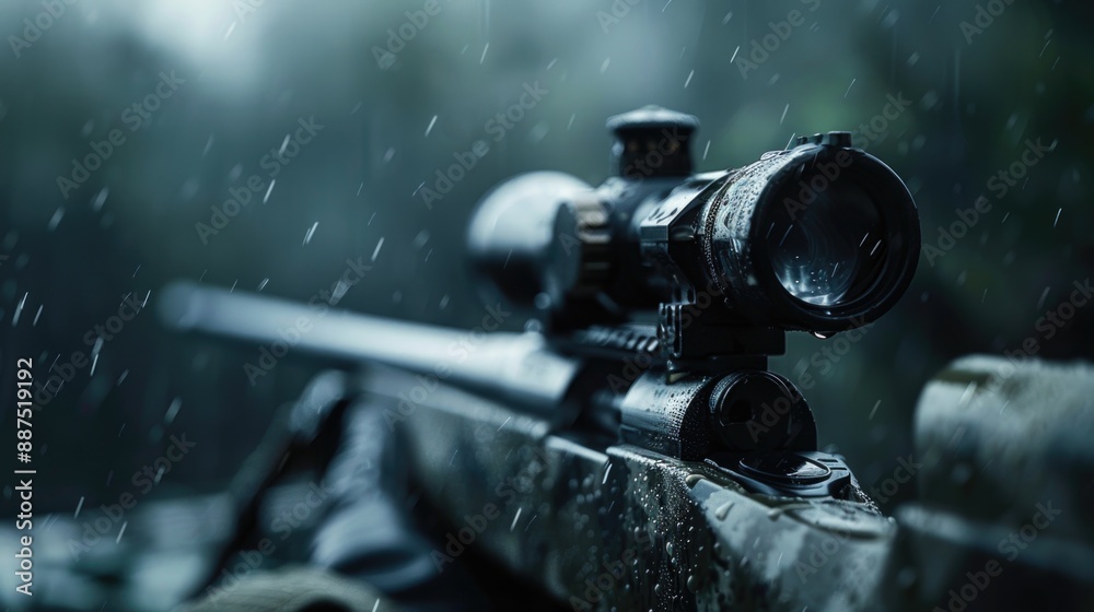 Poster a close-up shot of a rifle on a rifle stand in the rain, suitable for use in outdoor or weather-rela