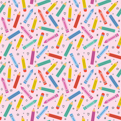 School texture with cartoon crayons. Back to school background design. Vector illustration