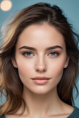 Obraz premium Close up portrait of a beautiful woman with clear skin and blue eyes, looking confident and serene against a blue background.