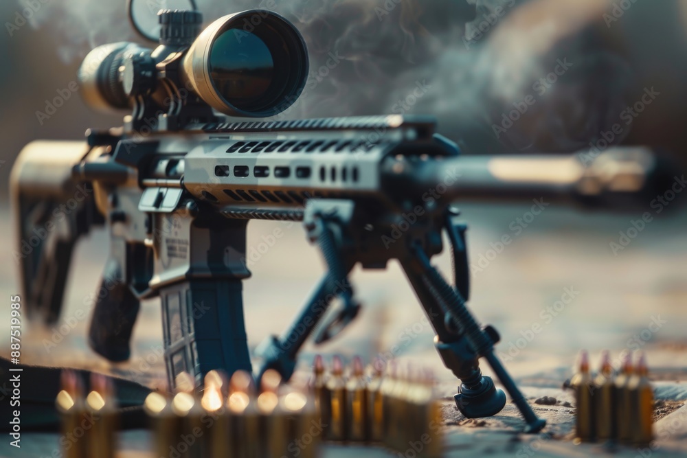 Poster A close-up view of a machine gun with a scope mounted on a table, ready for use