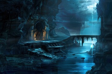 Fototapeta premium Ancient temple ruins by a lake in a stormy night