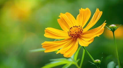 Obraz premium Detailed yellow Cosmos flower closeup with a green blurred background, ideal for ecology cover page themes