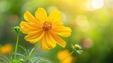 Detailed yellow Cosmos flower with a soft green background under sunlight, perfect for nature and landscape themes
