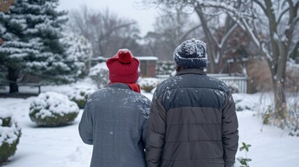 African American elderly couple in snowy park back view. Concept of winter season, senior love, peaceful nature, snowfall