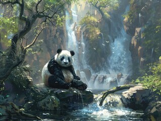Fototapeta premium giant panda eating bamboo