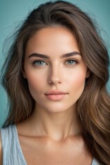 Naklejka premium Close up portrait of a beautiful woman with clear skin and blue eyes, looking confident and serene against a blue background.