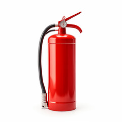 Obraz premium Red Fire Extinguisher With Pressure Gauge And Black Hose Isolated On White Background