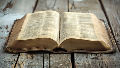 Obraz premium Open Bible on wooden table, closeup. Christian religious book