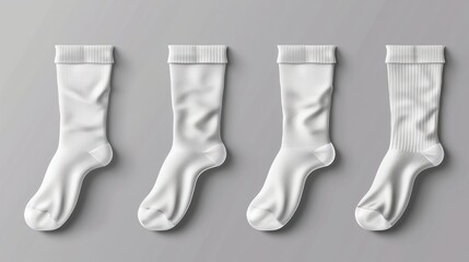 Set of white socks mockups isolated on a gray background Realistic vector illustration of blank foot clothing pieces with empty cardboard labels cotton fabric template