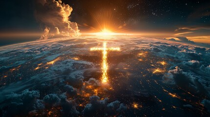 Shiny glowing golden Christian religion faith cross symbol sign above the planet earth globe. Jesus Christ gospel and crucifixion evangelism, international missionary organization,worldwide fellowship