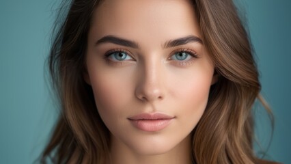 Fototapeta premium Close up portrait of a beautiful woman with clear skin and blue eyes, looking confident and serene against a blue background.