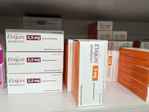 Prague, Czech Republic - July 10 2024: ELIQUIS box of medication with APIXABAN active substance by BRISTOL-MYERS SQUIBB, used for prevention and treatment of blood clots.

