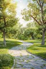 Fototapeta premium a photorealistic image of an outdoor scene with beautiful full-foliage trees, grass with a sprinkle of wildflowers, a curved flat stone walkway, and soft light blue and white sky, suitable for a famil