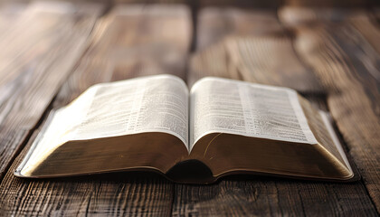Fototapeta premium Open Bible on wooden table, closeup. Christian religious book