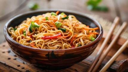 Schezwan Noodles or vegetable Hakka Noodles or chow mein is a popular Indo - Chinese recipes, served in a bowl or plate with wooden chopsticks. selective focus