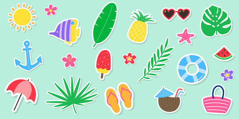 Set with colourful summer stickers. Holiday concept with icons. Vector illustration