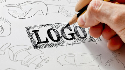 close-up of a hand holding a pencil drawing a logo on a sheet of paper