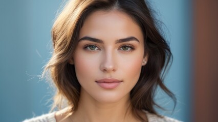 Naklejka premium Close up portrait of a beautiful woman with clear skin and blue eyes, looking confident and serene against a blue background.